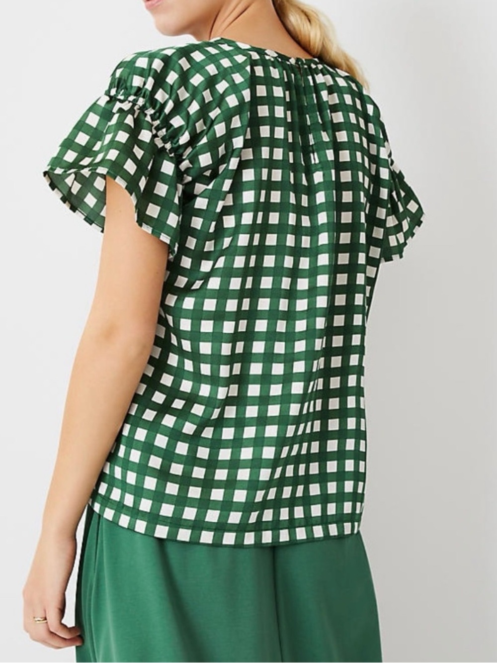 Ann Taylor Green Gingham Flutter Sleeve Blouse size L